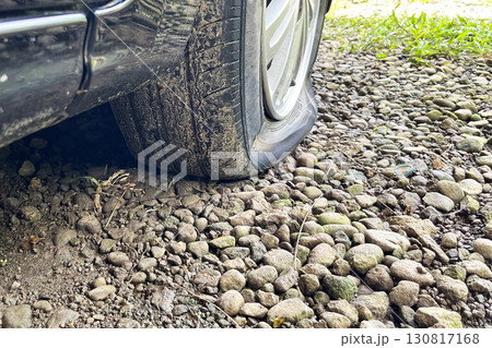 completely flat tire on a car, road breakdown, accident completely flat tire on a car, road breakdown, accident 130817168