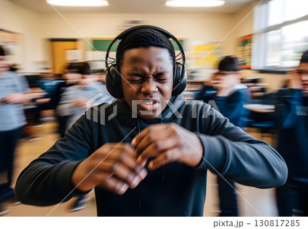 Autistic child black boy at school hallway classroom with headphones eyes shut distressed in a crowd showing sensory overload anxiety panic meltdown motion blur long exposure 130817285