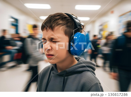 Autistic child boy at school hallway classroom with headphones eyes shut distressed in a crowd showing sensory overload anxiety panic meltdown motion blur long exposure 130817286