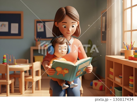 3D illustration of autistic child boy wearing blue headphones reading book with teacher in inclusive classroom promoting sensory comfort and learning 130817434