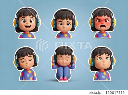 Neurodivergent kid girl with noise cancelling headphones showing emotions joy sadness anger tiredness sensory overload neutral autism ADHD awareness cartoon stickers set 130817513