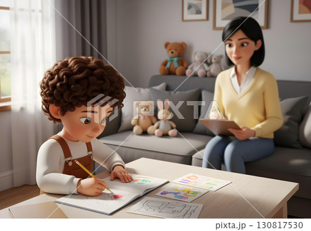 3d cartoon Autistic child boy in therapy drawing and coloring while therapist observes for developmental assessment and autism spectrum inclusion awareness 130817530