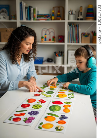 Autistic child boy with noise cancelling headphone in therapy matching fruit cards with therapist to build communication skills and autism inclusion 130817533