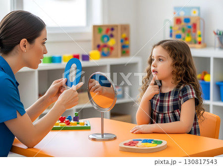Neurodivergent kid girl in speech therapy practicing vowel O with therapist using mirror for articulation skills and autism spectrum inclusion awareness 130817543