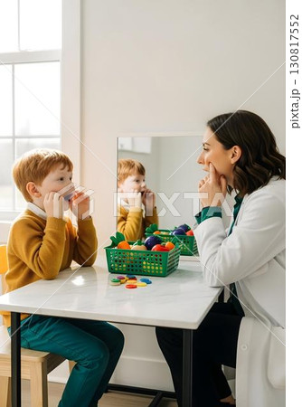Autistic child boy in speech therapy with mirror practicing mouth exercises with therapist for articulation skills and autism spectrum inclusion awareness 130817552