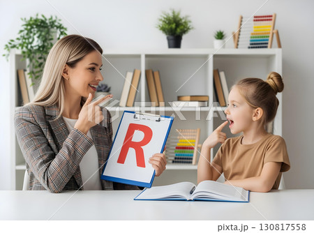 Neurodivergent kid girl in speech therapy practicing letter R pronunciation with therapist for articulation and autism spectrum inclusion awareness 130817558