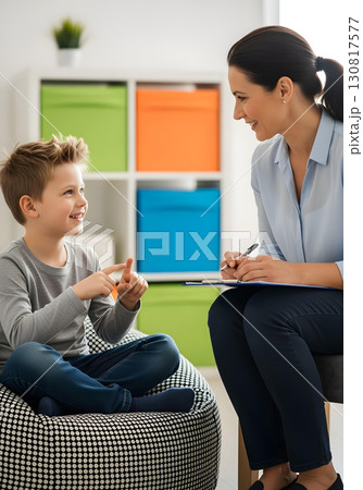 Autistic child boy in behavioral therapy communicating with therapist using gestures for social skills autism awareness and neurodiversity inclusion support 130817577