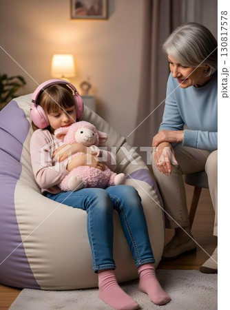 Autistic child girl wearing noise cancelling headphones hugging plush toy in sensory therapy with caregiver support for emotional regulation and autism inclusion awareness 130817578