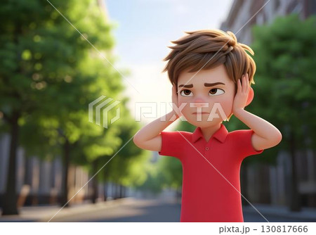 3D illustration autistic child boy covering ears outdoors showing sensory overload autism ADHD spectrum hypersensitivity meltdown neurodiversity awareness inclusion 3D illustration autistic child boy covering ears outdoors showing sensory overload autism ADHD spectrum hypersensitivity meltdown neurodiversity awareness inclusion 130817666
