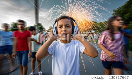 Autistic child boy wearing headphones during fireworks coping with loud noise sensory overload autism ADHD spectrum hypersensitivity neurodiversity inclusion awareness 130817667