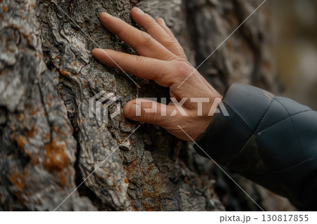 hand resting against rugged tree bark outdoors symbolizing a mindful connection in a calm earthy forest setting concept of environment, nature wellness 130817855