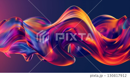 Bright neon-colored abstract fluid ribbons dynamic motion dark background 130817912