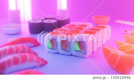 fresh salmon sushi rolls with vibrant pink lighting on tabletop surrounded by nigiri bright palette concept of japanese cuisine restaurant marketing 130818046