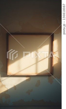 Sunlit empty wooden frame wall peeling paint vintage room warm hues illustration 130818087