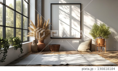 Black frame with blank white canvas on a white wall in a cozy room with plants and wicker decor 130818184