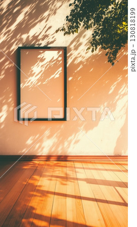Empty black frame white wall wooden floor leaf shadows modern minimalist 130818199