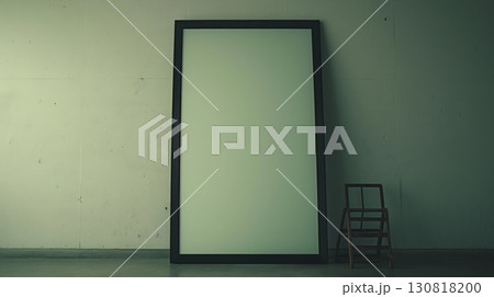Empty greenish room large black-framed blank canvas leaning wall small wooden chair 130818200