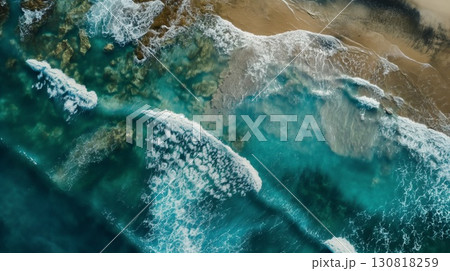 Aerial view rugged coastline turquoise waves breaking over rocky formations sandy shores 130818259
