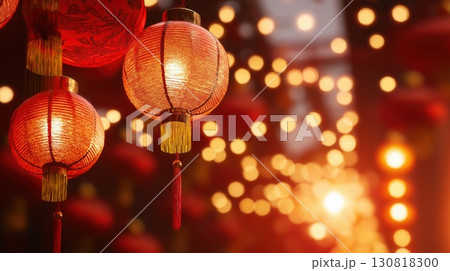 traditional red lanterns illuminating a festive scene with vibrant golden bokeh lights creating warm ambiance concept of holiday, culture, celebration traditional red lanterns illuminating a festive scene with vibrant golden bokeh lights creating warm ambiance concept of holiday, culture, celebration 130818300