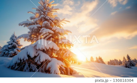 Snow covered fir tree copy space golden sunlight winter morning landscape 130818304