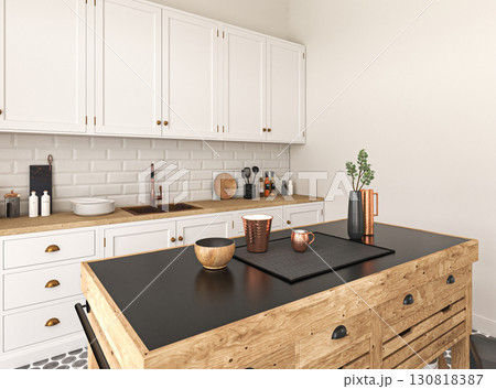 White cooking interior with island and countertop. Cupboard and kitchenware on deck. Modern scandinavian kitchen with morocco tile floor on countryside. 3d rendering. High quality 3d illustration White cooking interior with island and countertop. Cupboard and kitchenware on deck. Modern scandinavian kitchen with morocco tile floor on countryside. 3d rendering. High quality 3d illustration 130818387