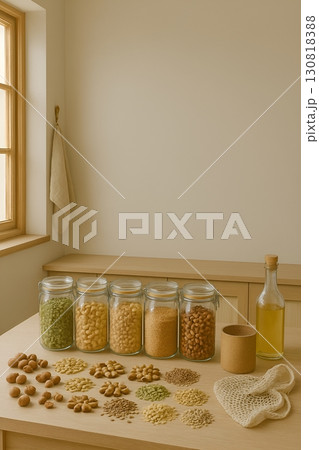 Modern Kitchen Pantry with Grains, Beans, and Cookbooks	 Modern Kitchen Pantry with Grains, Beans, and Cookbooks	 130818388