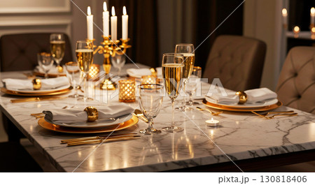 A luxurious and elegant dinner table setting with champagne glasses, gold tableware, and lit candles, perfect for a festive and romantic celebration A luxurious and elegant dinner table setting with champagne glasses, gold tableware, and lit candles, perfect for a festive and romantic celebration 130818406