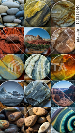 Collection round-framed images natural landscapes geological formations various stones Collection round-framed images natural landscapes geological formations various stones 130818446