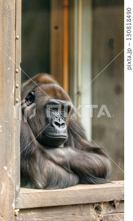 Gorilla thoughtful resting window naturalistic zoo habitat cloudy day 130818490