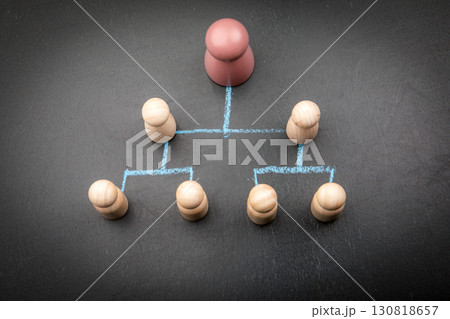Organizational hierarchy structure concept with leader figure and blue chalk connections 130818657