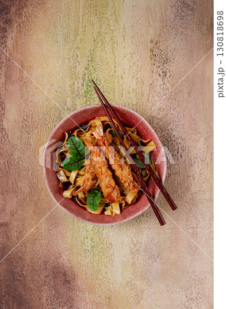 Udon noodles with shrimp in tempura, Japanese cuisine, homemade, no people, 130818698