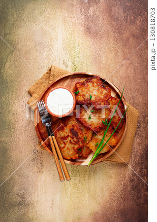 potato pancakes, pancakes with sour cream, Belarusian dish, homemade, no people, potato pancakes, pancakes with sour cream, Belarusian dish, homemade, no people, 130818703