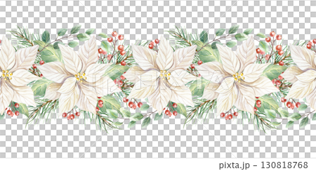Christmas poinsettia flowers seamless border decorated with green fir branches, eucalyptus and a sprig of red berries. Hand drawn watercolor holiday advent illustration isolated. New Year clip art. Christmas poinsettia flowers seamless border decorated with green fir branches, eucalyptus and a sprig of red berries. Hand drawn watercolor holiday advent illustration isolated. New Year clip art. 130818768