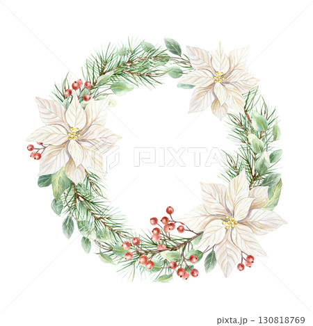 Christmas wreath with white poinsettia flowers, green fir branches, eucalyptus and a sprig of red berries. Hand drawn watercolor holiday advent illustration isolated. Rustic pastel New Year clip art. 130818769
