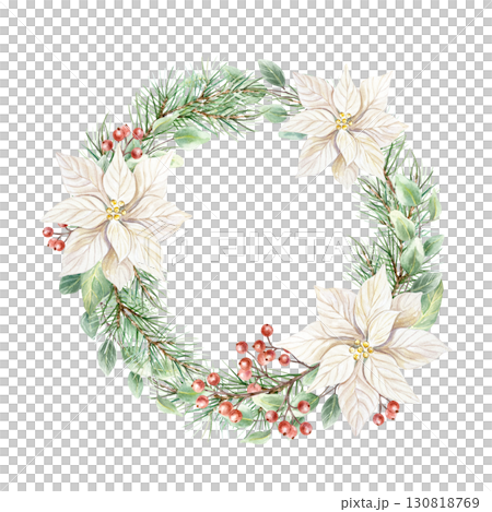 Christmas wreath with white poinsettia flowers, green fir branches, eucalyptus and a sprig of red berries. Hand drawn watercolor holiday advent illustration isolated. Rustic pastel New Year clip art. 130818769