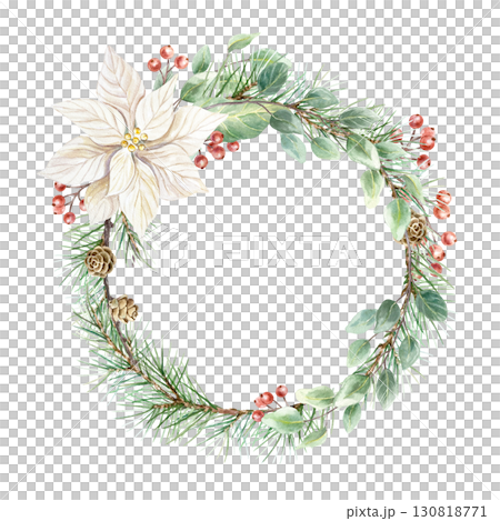 Christmas wreath with white poinsettia flower, green fir branches, eucalyptus, sprig of red berries and pine cones. Hand drawn watercolor holiday advent illustration isolated. Pastel New Year clip art 130818771