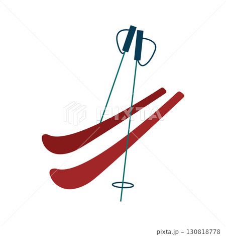 Pair of skis with sticks or poles isolated on white background. Winter sport equipment. Simple colored flat vector illustration Pair of skis with sticks or poles isolated on white background. Winter sport equipment. Simple colored flat vector illustration 130818778