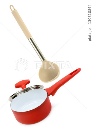 Red Saucepan and Ladle isolated on white background. 130818844