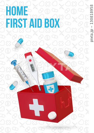 Realistic poster, banner template with home First Aid Box with Pills, Capsules, syringe, thermometer and Medicine Tablets, Medical Emergency Kit. Vector Illustration. Healthcare, medicine and 130818958