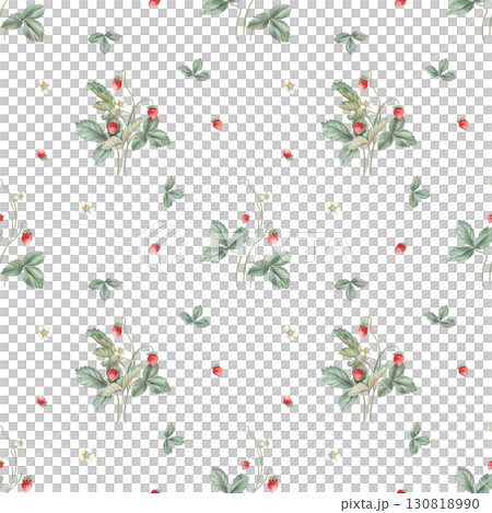 Botanical, kids style seamless pattern with wild strawberry flowers and berries on a white background. Background for children's room decor, wallpaper. Hand drawn illustration woodland strawberries. 130818990