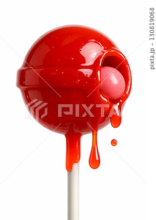 A red round lollipop with bubble gum inside dripping with icing on a white isolated background, 130819068