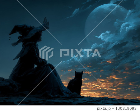 Beautiful witch with cat at night. AI generative art Beautiful witch with cat at night. AI generative art 130819095