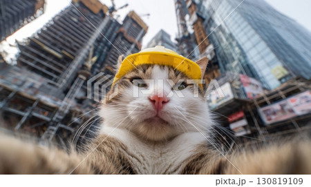 Close-up of a cat wearing a yellow construction helmet and safety vest 130819109