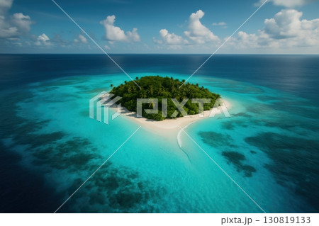 Tropical island with lush greenery surrounded by vibrant turquoise waters on a sunny day in the tropics 130819133