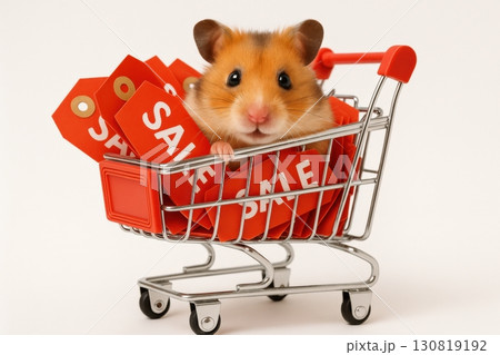 Cute hamster in a shopping cart filled with sale tags in a playful setting during a lighthearted shopping theme 130819192