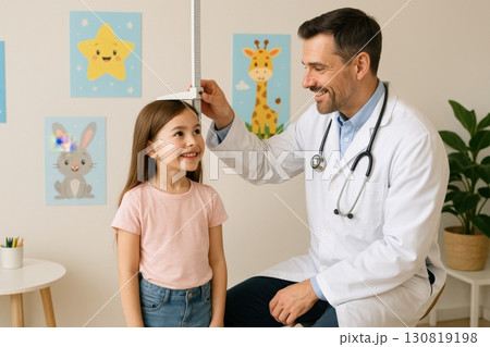 Doctor measuring height of young girl in cheerful pediatric office decorated with colorful animal illustrations 130819198