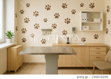 Veterinary clinic interior with playful paw print decorations in a welcoming treatment room filled with natural light 130819200