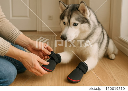Husky receives new boots while sitting on the floor indoors during home care routine 130819210