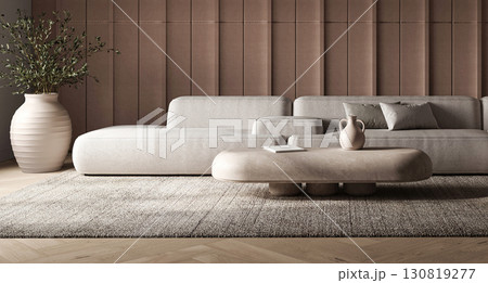 Modern textured living room with sleek sectional and pendant lights 3d render Modern textured living room with sleek sectional and pendant lights 3d render 130819277