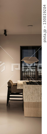 Modern kitchen design with ambient lighting and natural textures 3d render 130819284